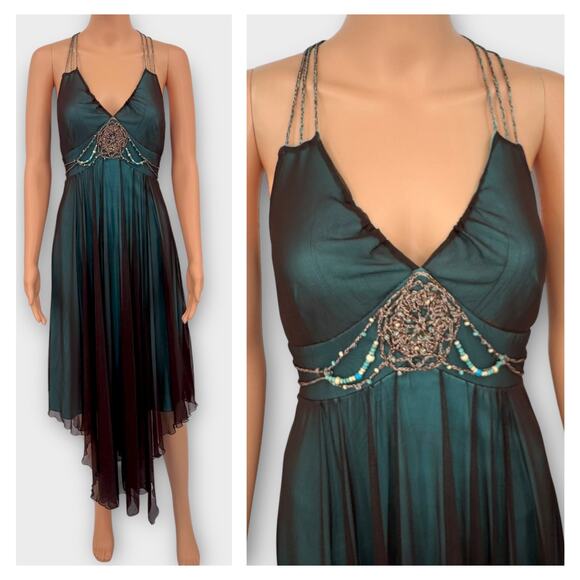 Fairycore Y2K Beaded Crochet Mesh Overlay Handkerchief Hem Midi Dress Size 6 - Picture 1 of 16
